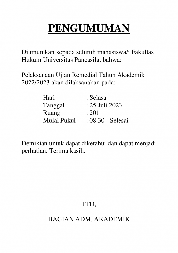 Pengumuman Pelaksanaan Ujian Remedial