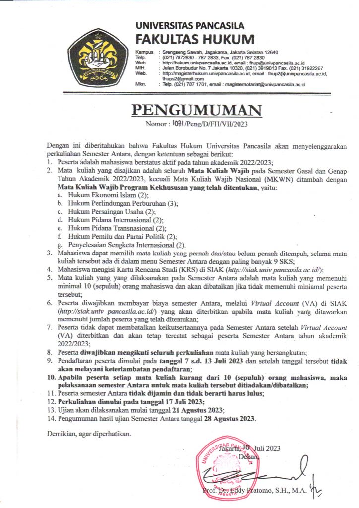 PENGUMUMAN PERKULIAHAN SEMESTER ANTARA