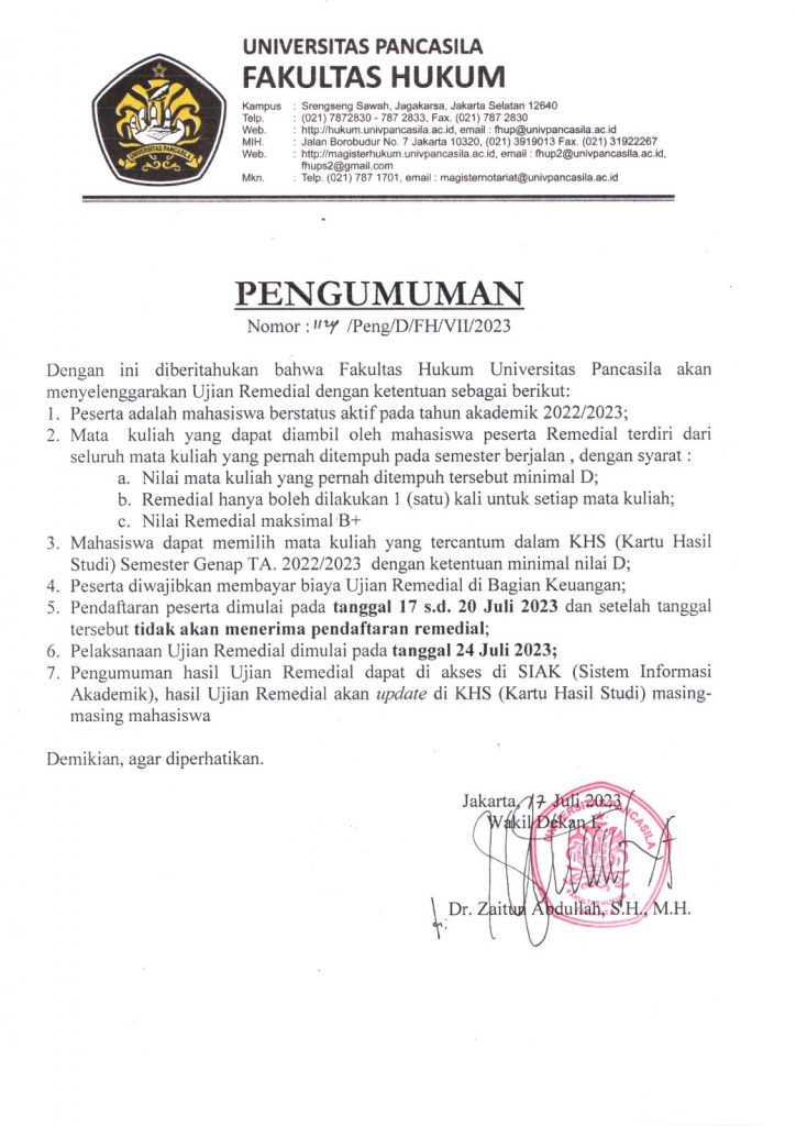 Pengumuman Pelaksanaan Ujian Remedial