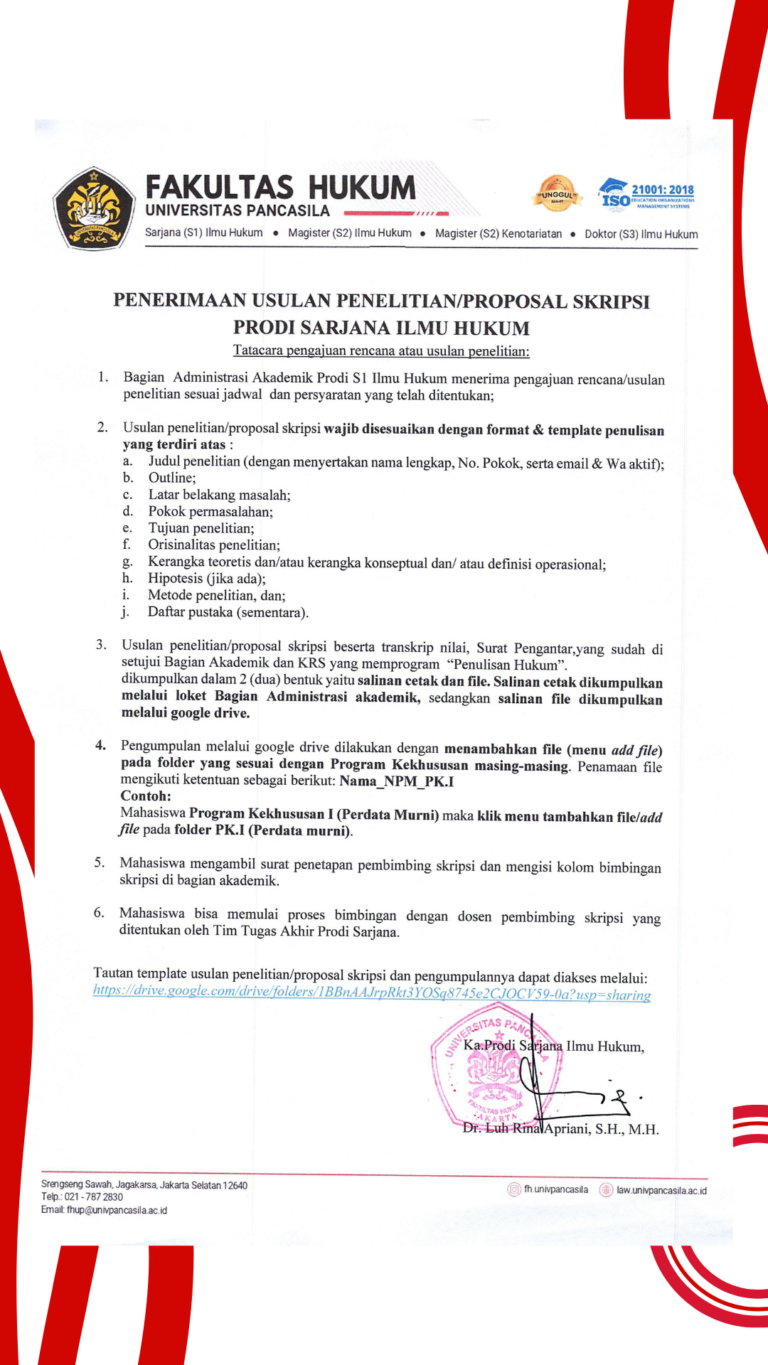 PENGUMUMAN PENERIMAAN USULAN PENELITIAN/PROPOSAL SKRIPSI PRODI SARJANA ILMU HUKUM